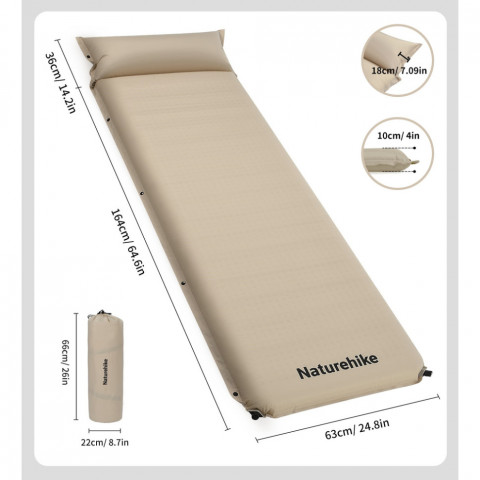 Матрац з подушкою ортопедичний одномісний Naturehike CNK2450WS020, самонадувний, 200х63х10 см, бежевий