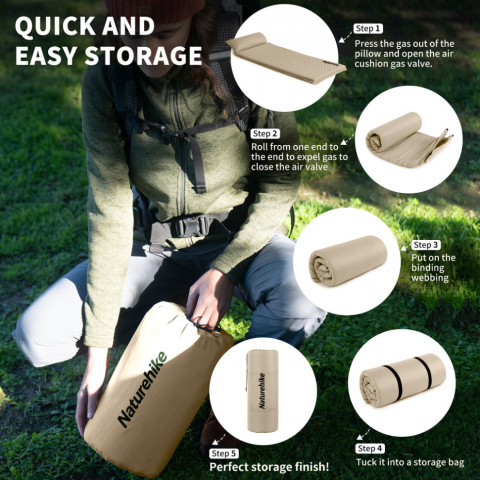 Матрац з подушкою ортопедичний одномісний Naturehike CNK2450WS020, самонадувний, 200х63х10 см, бежевий