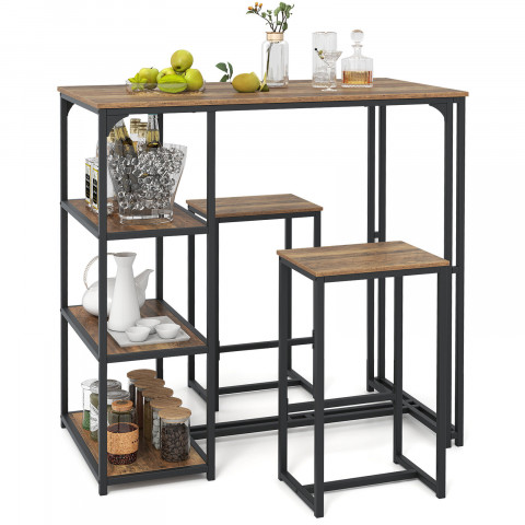 Комплект меблів Costway Brooklyn Counter 3-in-1 барний стіл із полицями та 2 стільцями лофт коричневий