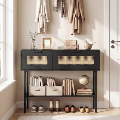Стіл-консоль Costway Stockholm Rattan з полицею у передпокій лофт чорний