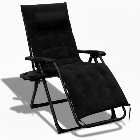 Розкладний посилений шезлонг до 150 кг LEOBRO Zero Gravity Premium Plus Black з велюровим матрацом (LB-ZGC-K3-BLK)