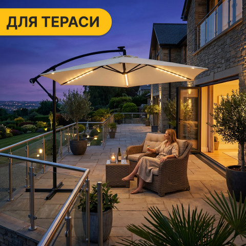 Складна садова парасоля з боковим подовжувачем та LED підсвіткою LEOBRO Бежева (LB-1084)