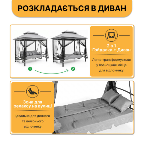 Садова гойдалка з подушками та москитною сіткою LEOBRO Elit Grey (LB-1098)