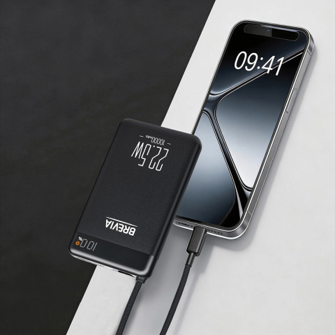 Повербанк (Power Bank) Brevia ePower 10000mAh 22,5W SuperSlim LCD чорний металік + кабель