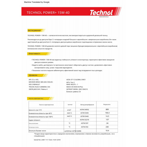 Моторне масло Technol Power Plus 15W-40 208л