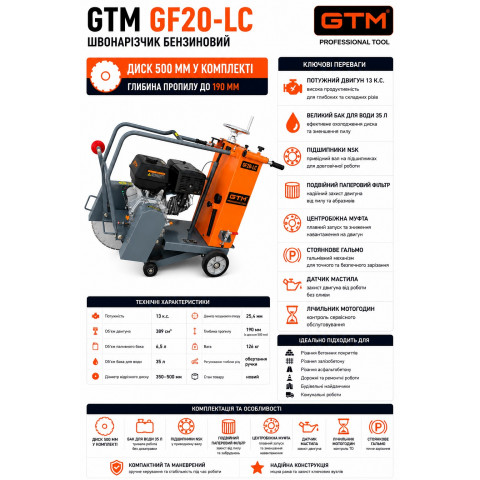 Швонарізчик GF20-LC дв. Loncin G390F, 13к.с., круг 500мм в комплекті